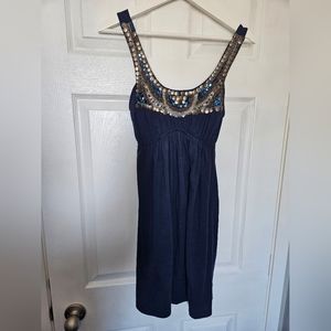 Navy bejeweled bohemian mini dress